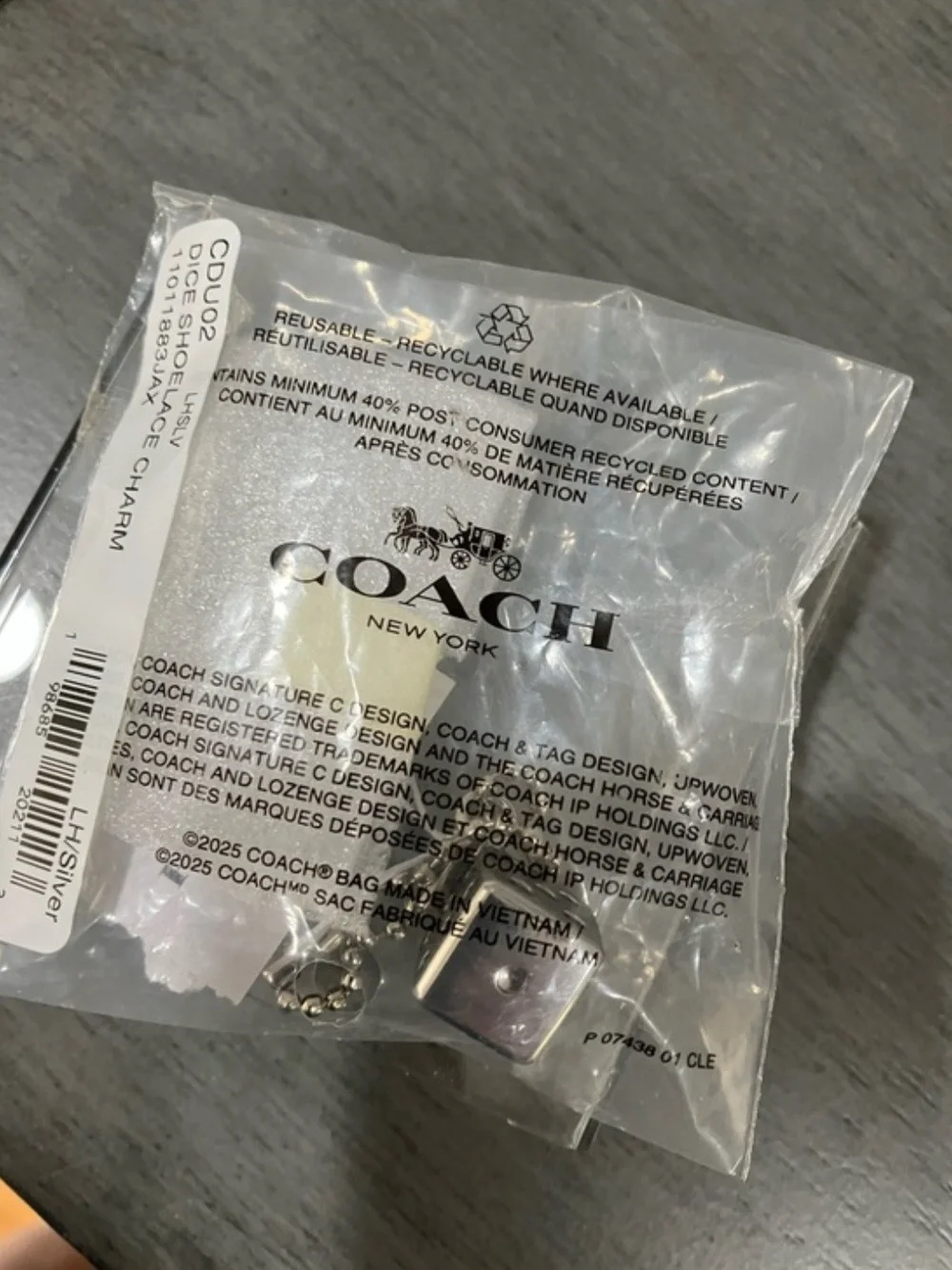 Coach Silver-Tone Dice Shoelace Charm with Beaded Chain-NWT & Coach Dustbag